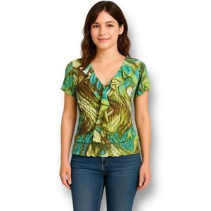 Allison Taylor M Green Brown V-Neck Ruffle Blouse Boho Festival Y2K Flowy Summer